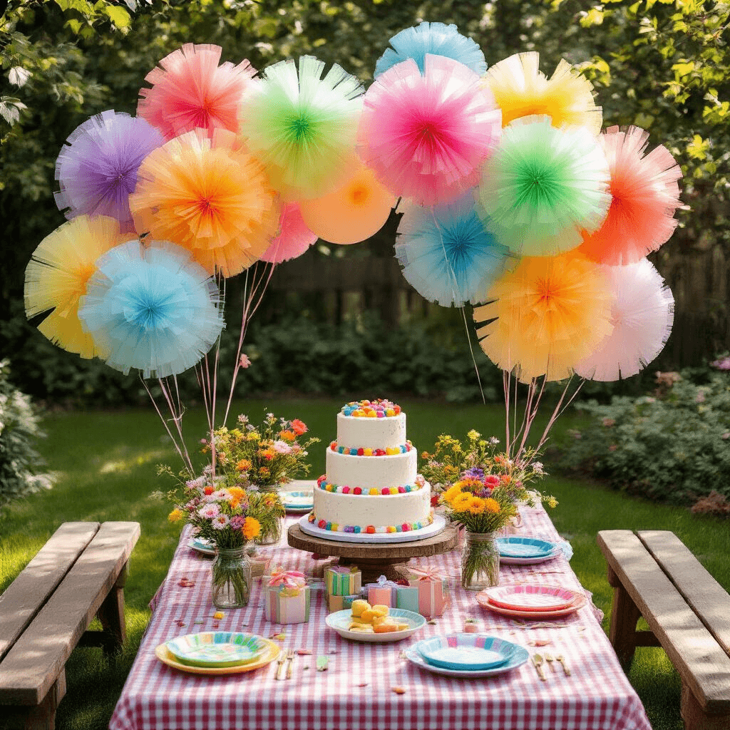A whimsical outdoor garden birthday celebration featuring vibrant tulle balloons in primary colors, a three-tier cake on a vintage stand, wildflowers in mason jars, and a picnic setup with gingham runners and colorful plates, all captured in soft morning light from an overhead angle.