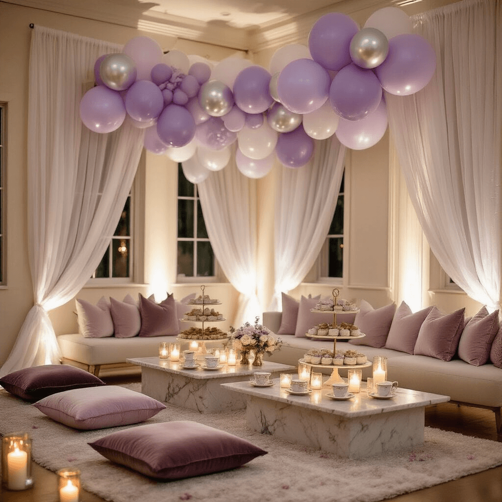 An intimate bridal shower set in a cozy living room with candlelit ambiance, featuring lavender and silver tulle balloons against cream walls, low marble coffee tables with velvet blush cushions, delicate ceramic teacups, tiered dessert stands, sheer white drapery, ambient lighting from pillar candles and string lights, highlighting luxurious textures and personalized party favors on silk table runners.