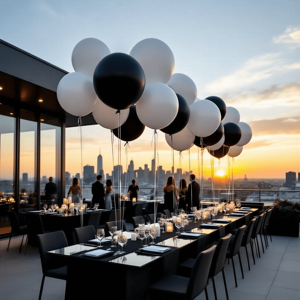 A sophisticated corporate event on a modern rooftop terrace at sunset, featuring sleek monochrome tulle balloons in charcoal and white above contemporary furniture, with an urban skyline in the background and golden hour lighting illuminating clean-lined tables adorned with glassware and geometric centerpieces, as guests mingle around elegant balloon displays.