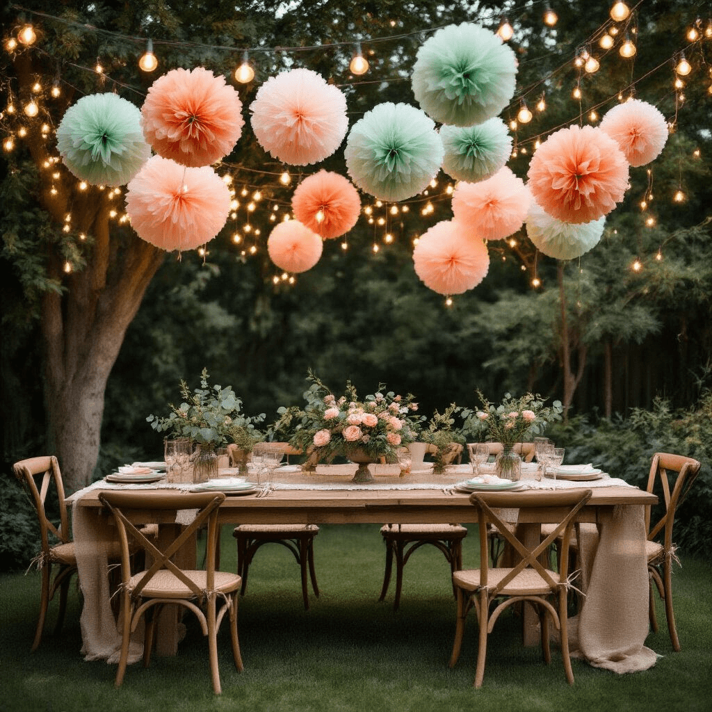 A dreamy backyard birthday bash at night, featuring pastel tulle balloons in terracotta and sage green above a wooden farm table adorned with lace and burlap, mismatched vintage chairs, and eucalyptus-filled mason jar centerpieces, all under a magical canopy of string lights.