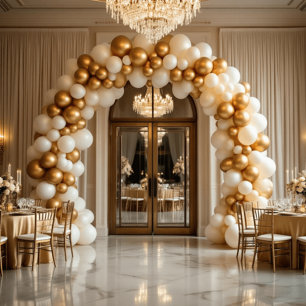 Wide-angle shot of an elegant ballroom entrance featuring a metallic gold and ivory balloon arch framing ornate double doors, with cascading balloon clusters. Soft lighting from chandeliers reflects off iridescent balloons, complemented by cream silk drapery and gold-linened cocktail tables with balloon centerpieces, all set on polished marble floors.