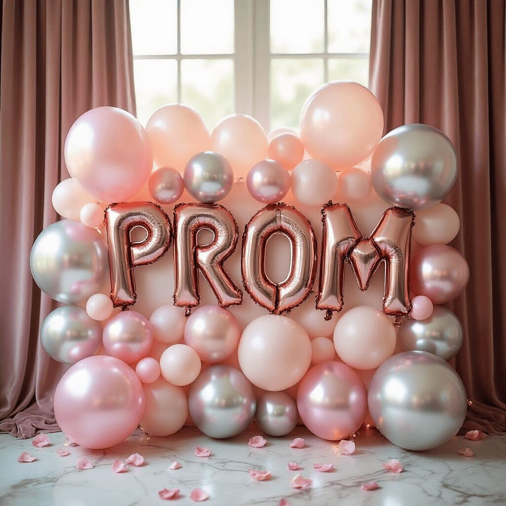 Close-up of a balloon wall in blush pink and silver with holographic and metallic balloons, featuring custom 'PROM' letter balloons, delicate ribbons, and LED lights, set against luxurious dusty rose velvet curtains and scattered rose petals on a marble surface.