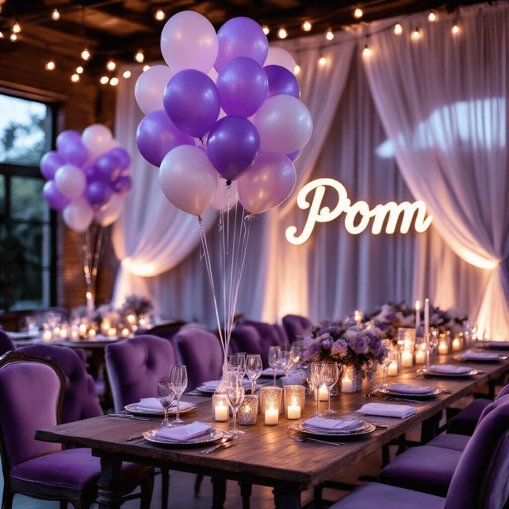 Intimate prom setup with lavender and silver balloon clusters illuminated by fairy lights and candles, featuring vintage wooden tables, velvet seating, glassware, mercury glass balloon weights, sheer drapery, and custom balloon signage.