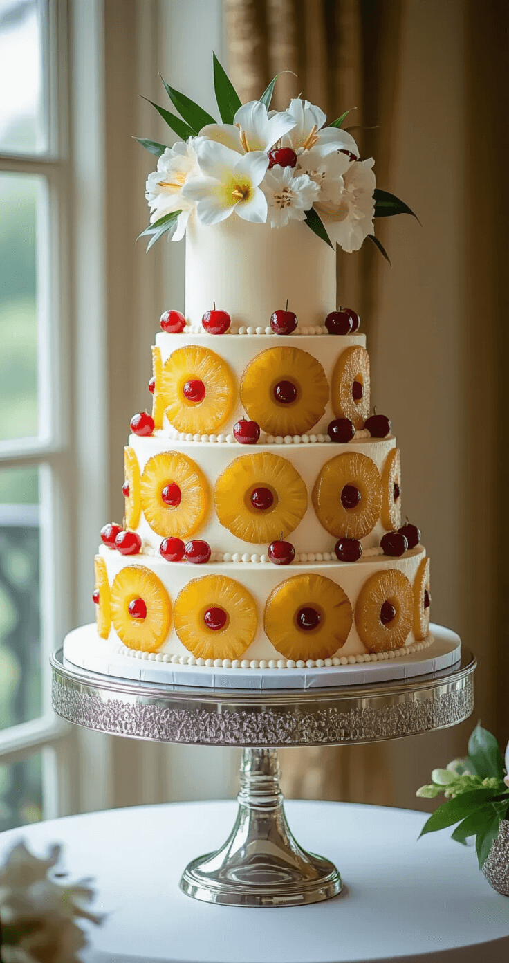 Majestic multi-tiered pineapple upside-down wedding cake on a silver stand, featuring caramelized pineapple rings and cherries, adorned with pearl-white buttercream, tropical flowers, and gold accents, set in a luxurious venue with soft natural light.