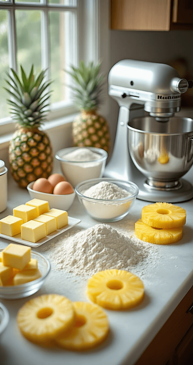 Close-up of a pristine kitchen counter with baking ingredients for a tropical wedding cake, featuring golden butter cubes, farm-fresh eggs, sifted flour, and vibrant pineapple rings, illuminated by soft natural light.