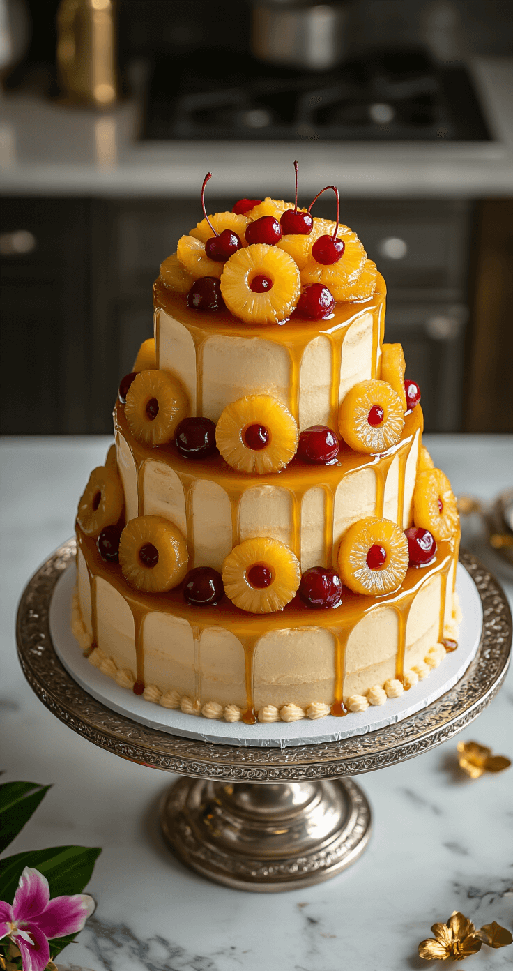 A three-tier wedding cake on a silver stand, glazed with rum syrup and topped with caramelized pineapple rings and maraschino cherries, surrounded by tropical flowers and gold leaf, in a soft-focus professional kitchen setting.