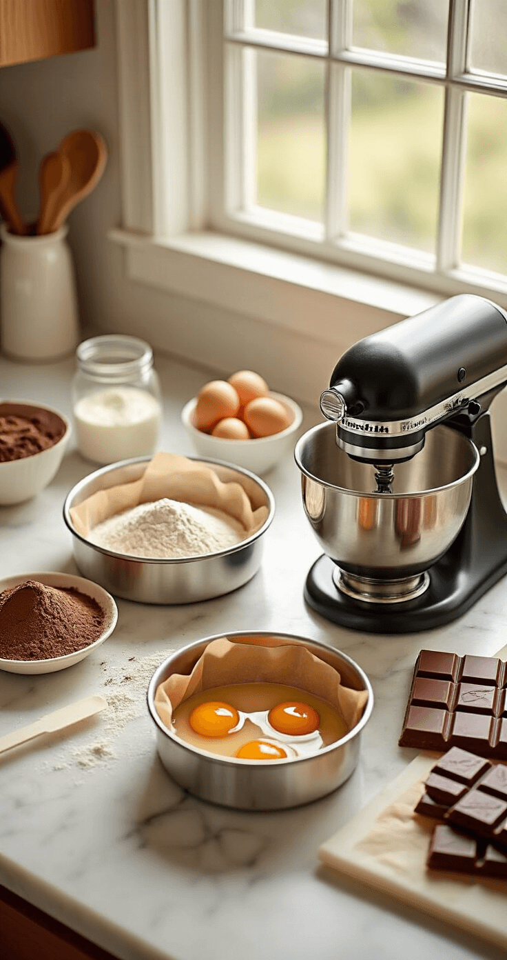 Overhead view of a pristine kitchen workspace featuring a professional stand mixer, measured ingredients like cocoa powder and eggs, two lined cake pans, and neatly arranged candy bars on a marble cutting board, all in soft natural light.
