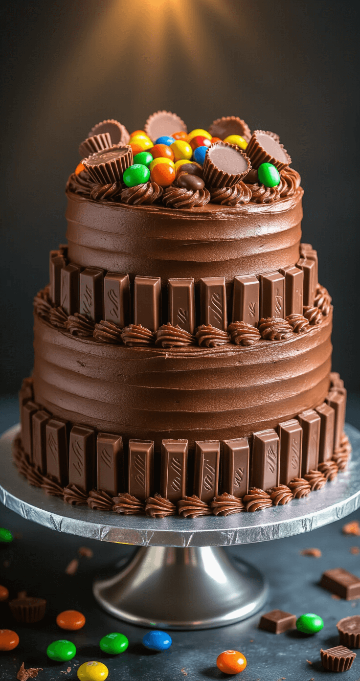 Close-up of a towering three-layer chocolate cake on a silver cake stand, decorated with chocolate buttercream, Kit Kats on the sides, and halved Reese's cups and M&M's on top, illuminated by warm spotlight lighting.