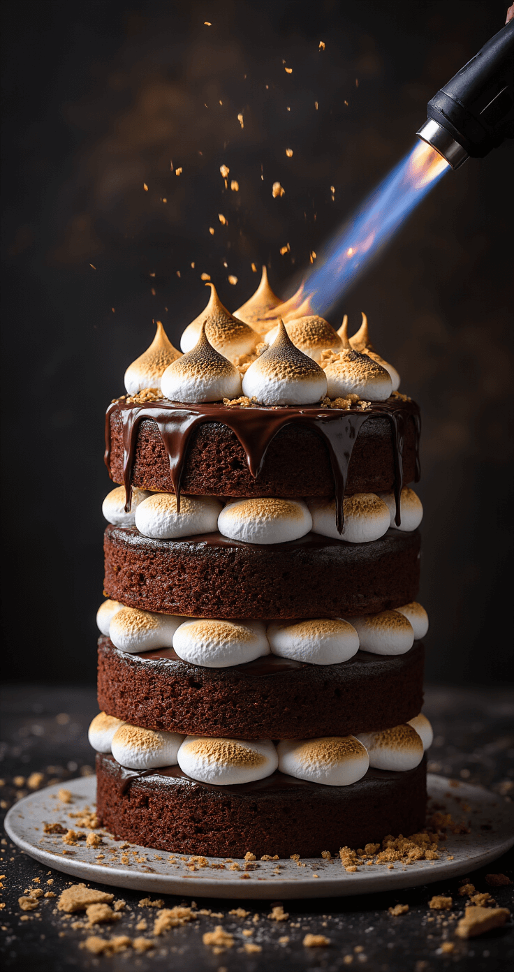 A dramatic close-up of a three-layer chocolate cake with glossy ganache and toasted marshmallow filling, topped with golden-brown peaks from a culinary torch, surrounded by graham cracker crumbs and melted chocolate drips on a dark background.
