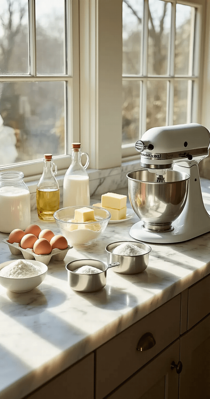 Sunlit kitchen with a marble countertop displaying ingredients for coconut cake, including eggs, softened butter, crystalline sugar, cake flour, and coconut cream, alongside a premium stand mixer and elegant glass bottles of extracts, illuminated by natural morning light.