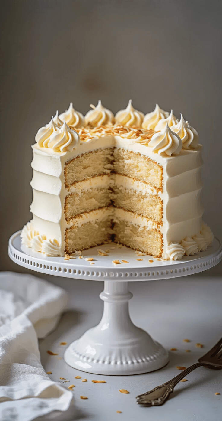 Three-layer coconut cream cake on an ornate white ceramic stand, featuring white cream cheese frosting with swirl patterns, toasted coconut flakes, and piped rosettes; a slice removed revealing moist layers inside.