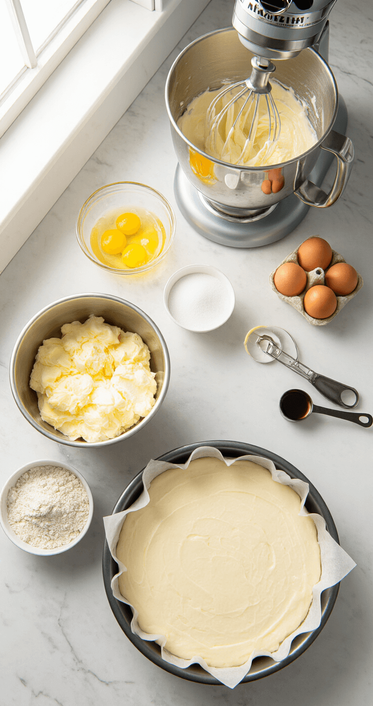 Aerial view of a professional kitchen counter with stainless steel bowls of cream cheese mixture, illuminated by natural light; a marble countertop displays farm-fresh eggs and vanilla extract, with a springform pan and stand mixer in the scene.