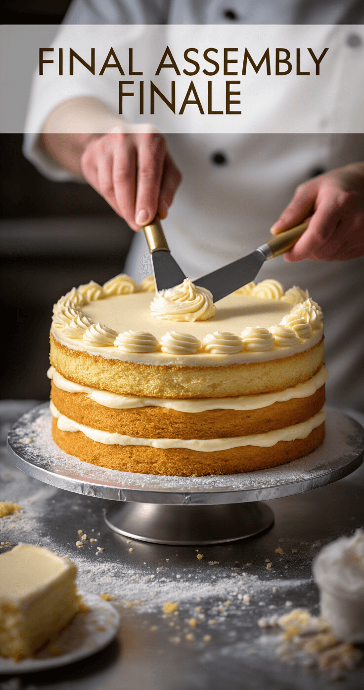 Close-up of a cake assembly in soft lighting, showcasing golden layers with a white cheesecake center being frosted with cream cheese frosting by an artisan using a spatula on a rotating silver stand, surrounded by sparkling sugar crystals and crumbs.