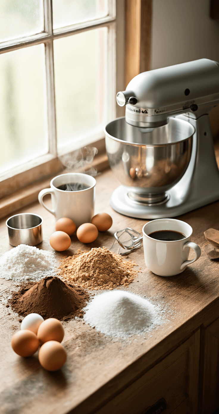 Overhead view of a rustic kitchen counter with natural light, featuring mounds of cocoa powder, sugar, eggs, a cup of coffee, vintage measuring cups, and a stand mixer, all arranged for baking preparation.