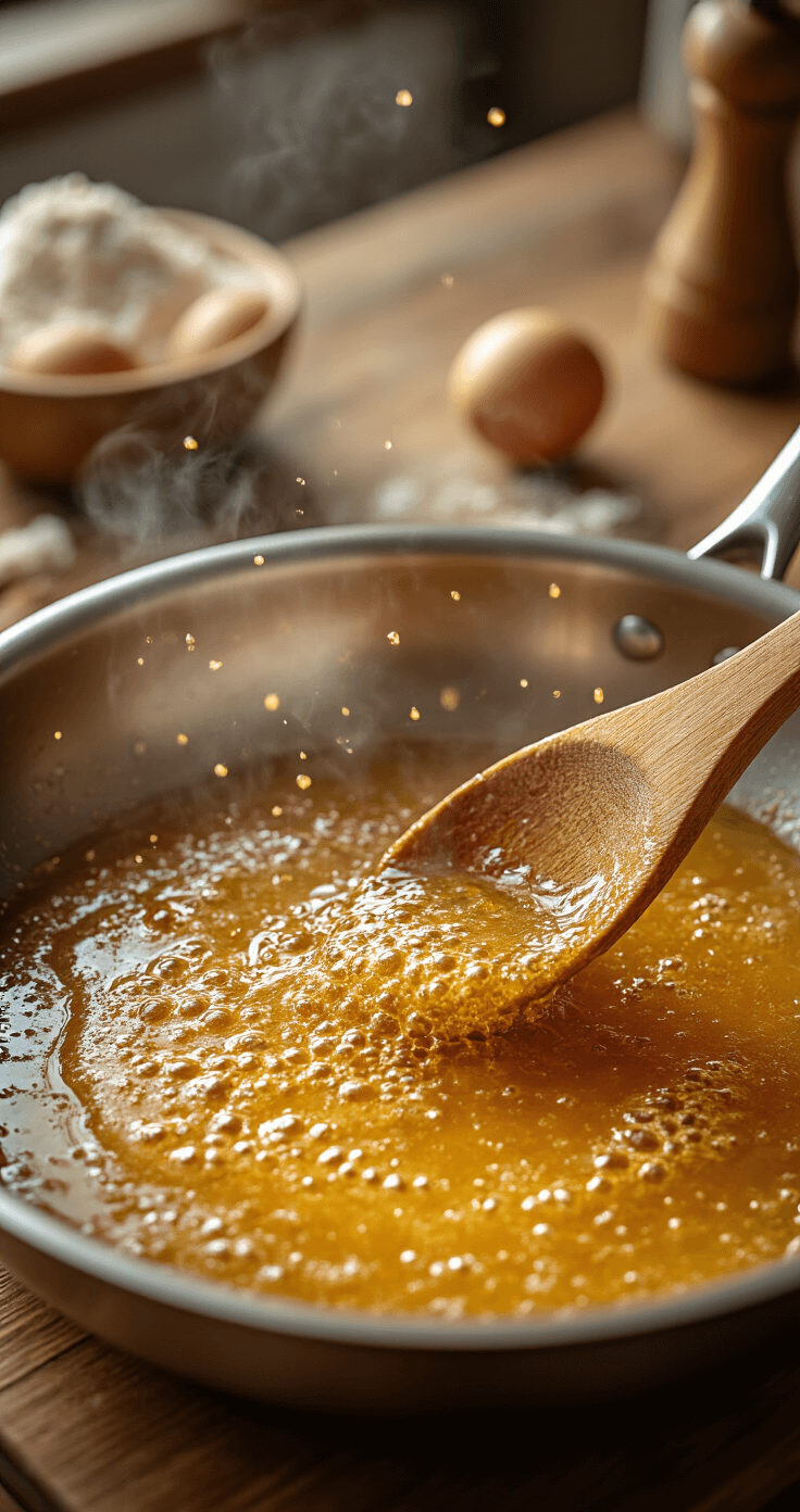 Cinematic close-up of bubbling brown butter in a stainless steel skillet, with caramelized bits and aromatic steam rising, while a wooden spoon stirs clockwise against a rustic kitchen backdrop with scattered baking ingredients.