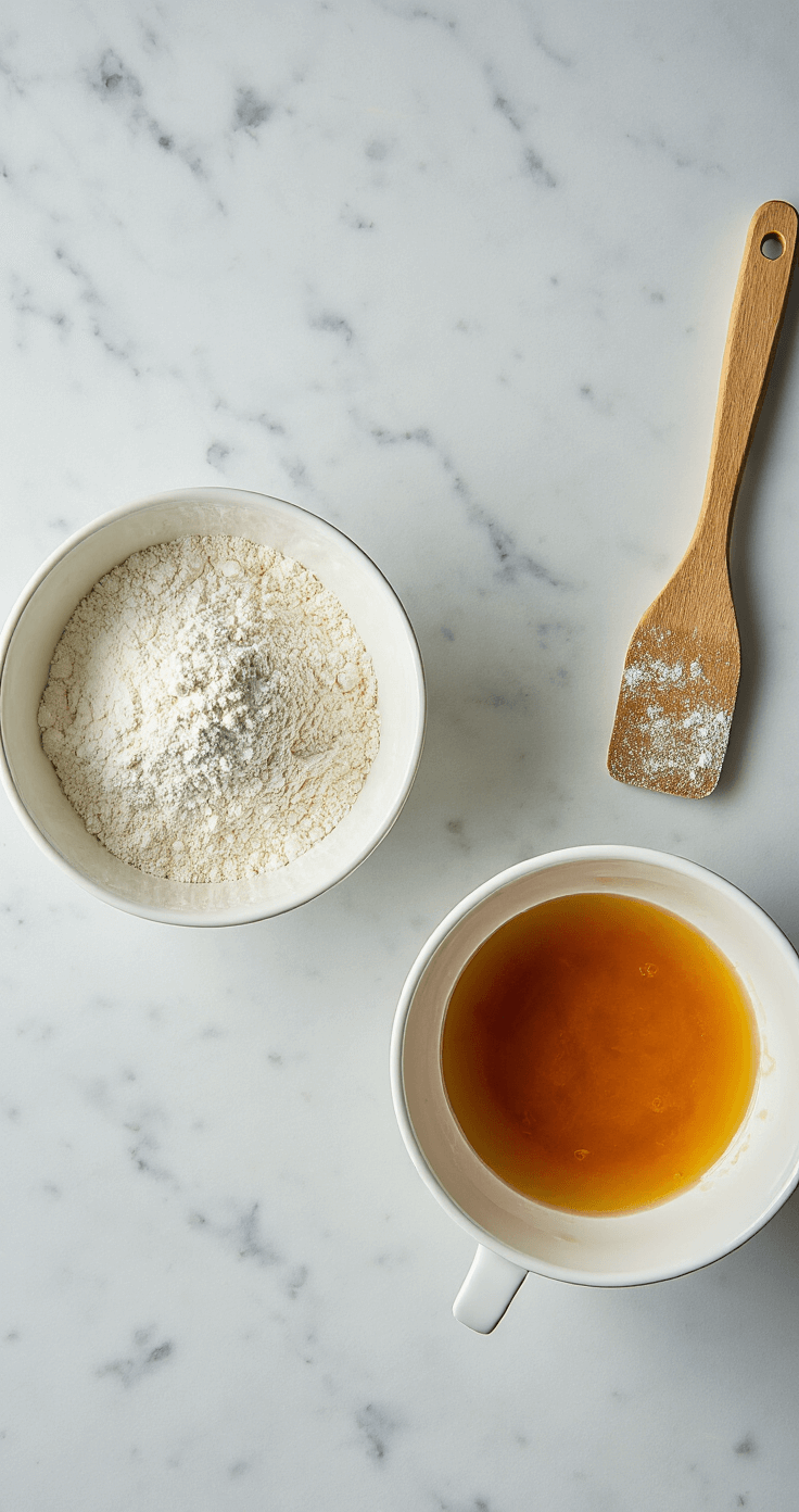 Overhead shot of a marble countertop featuring two white ceramic mixing bowls: one filled with sifted flour creating soft dust, the other with glossy wet ingredients and amber maple syrup, illuminated by soft natural light and complemented by a vintage wooden spatula.