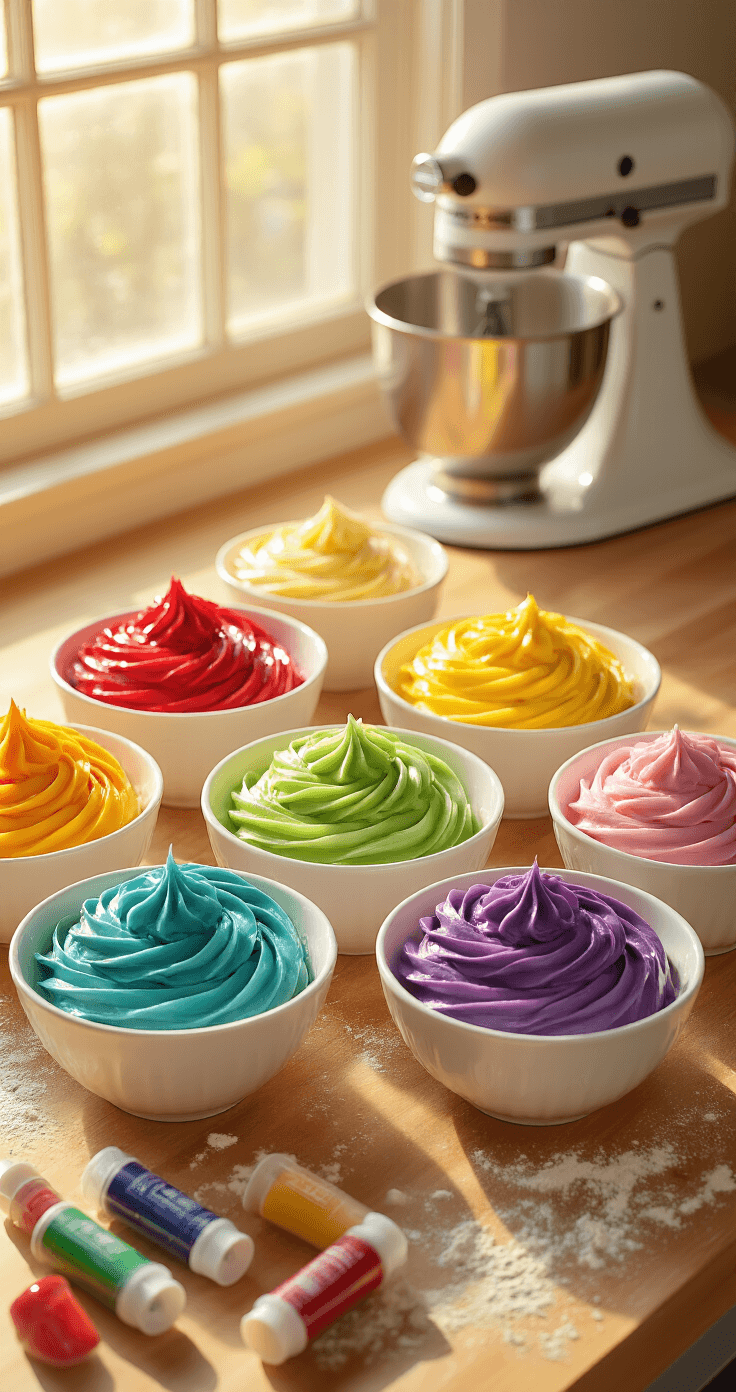 Cinematic overhead view of a professional kitchen workspace with six white bowls of rainbow-colored buttercream frosting, with gel food coloring tubes scattered nearby, and a stand mixer softly blurred in the background, all illuminated by warm golden light.