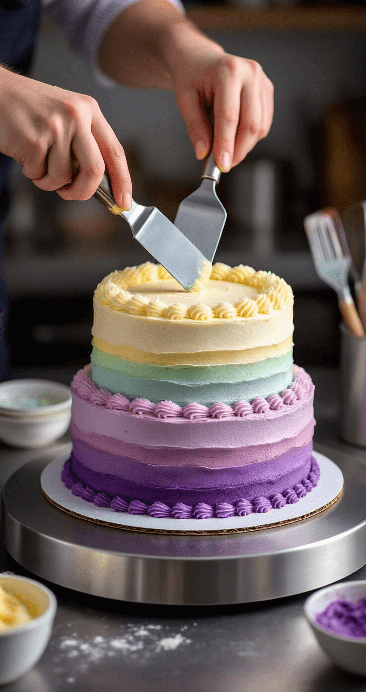 Dramatic close-up of hands using an offset spatula to blend rainbow buttercream on a three-tiered vanilla cake with ombre effect, set on a rotating turntable.