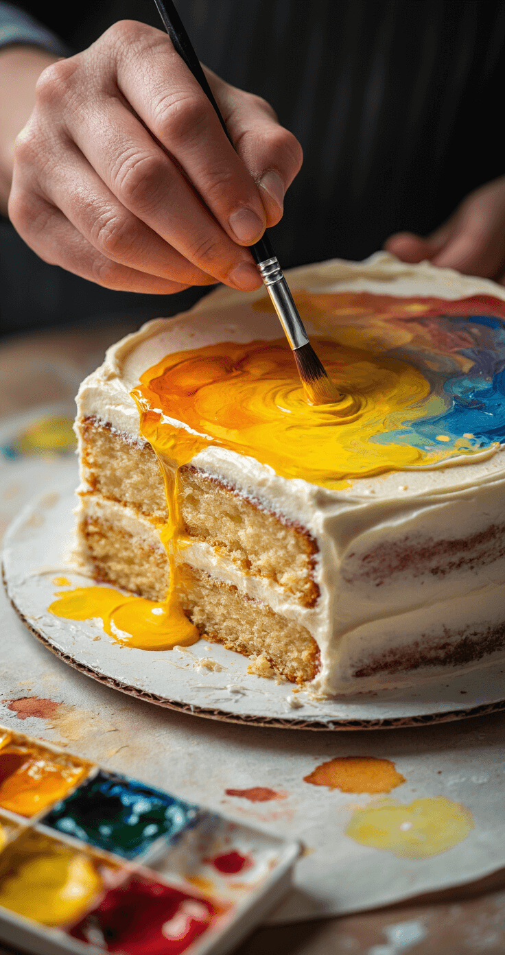 Close-up of an artist's hand using wet-on-wet watercolor technique to apply Naples yellow and burnt umber pigments on damp paper, creating organic textures for a birthday cake painting, with paint droplets glistening under soft studio lighting.