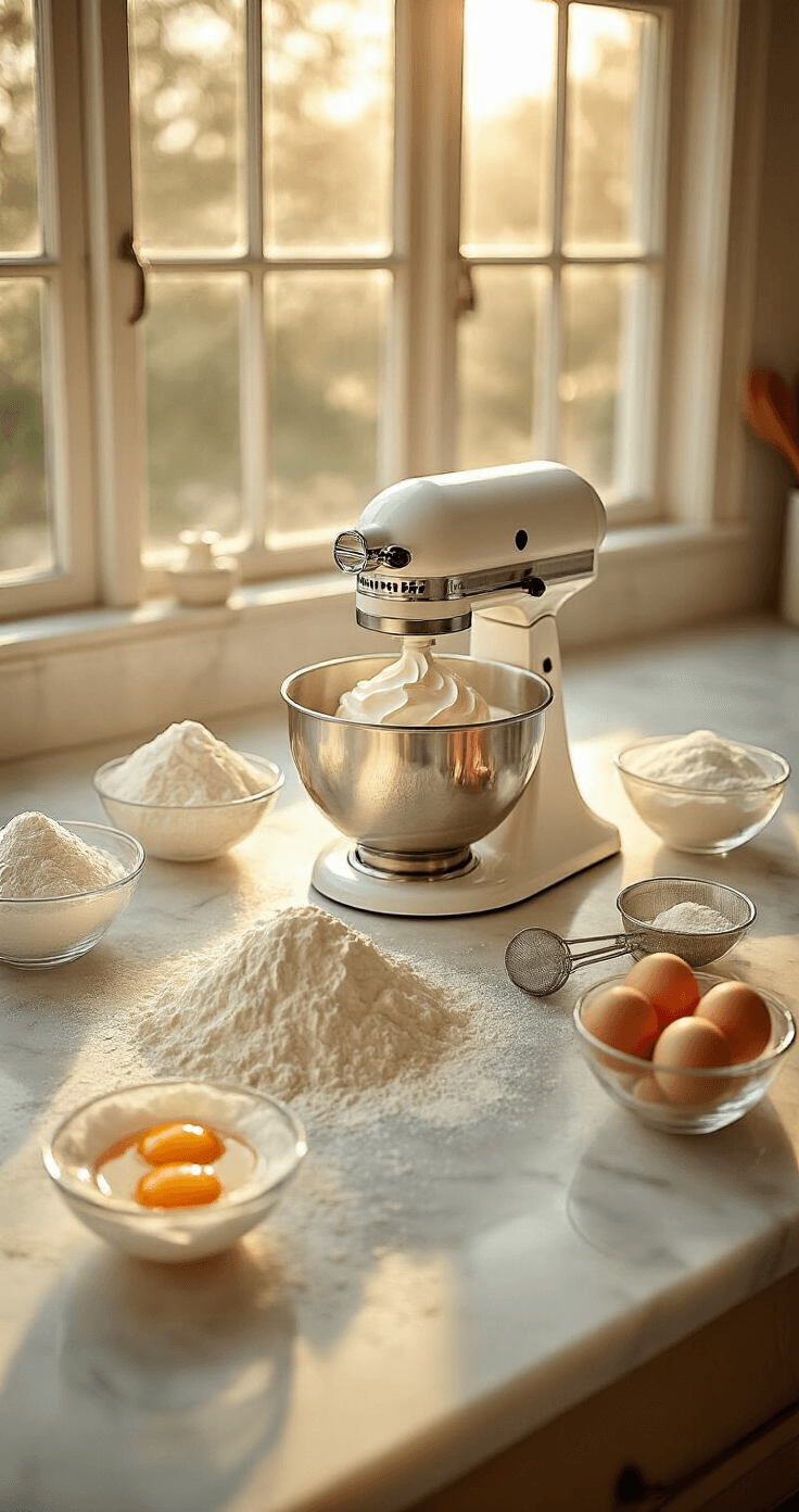 Tiered Macaron Birthday Cake: A Stunning Culinary Masterpiece A cinematic overhead shot of a marble kitchen counter with a stand mixer bowl of glossy meringue, surrounded by neatly arranged ingredients including almond flour, powdered sugar, and separated egg whites, all illuminated by warm morning sunlight.