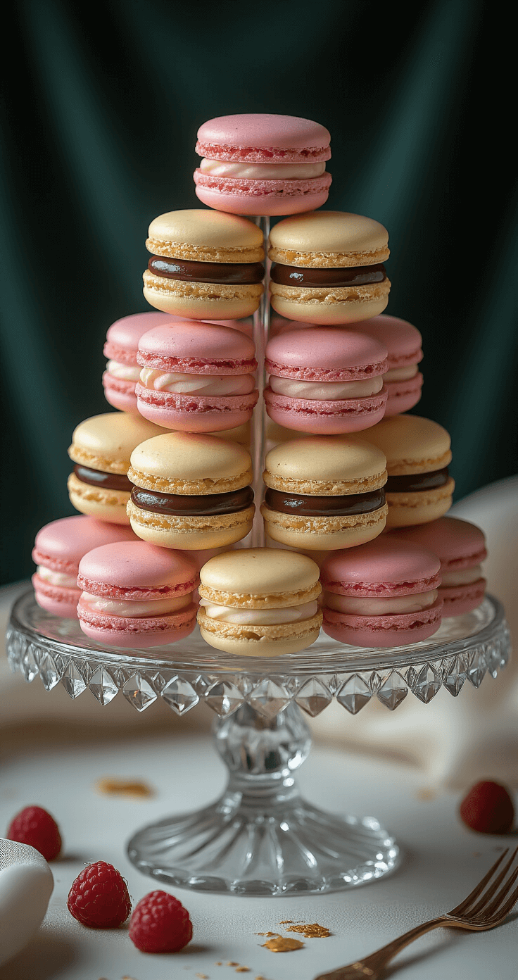 Tiered Macaron Birthday Cake: A Stunning Culinary Masterpiece A three-tiered macaron tower in gradient shades of pink, cream, and gold on a crystal cake stand, set against a dark backdrop with soft lighting, showcasing glossy shells with chocolate raspberry ganache and garnished with fresh raspberries and edible gold dust.