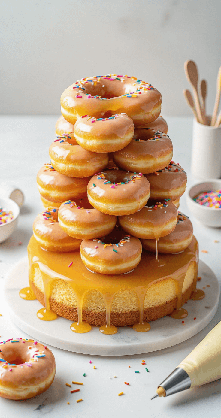 Doughnut-Topped Birthday Cake: The Ultimate Showstopper Dessert Overhead view of a golden glazed doughnut tower on a cake base, adorned with colorful sprinkles, surrounded by piping tools on a white marble surface, evoking a festive atmosphere.