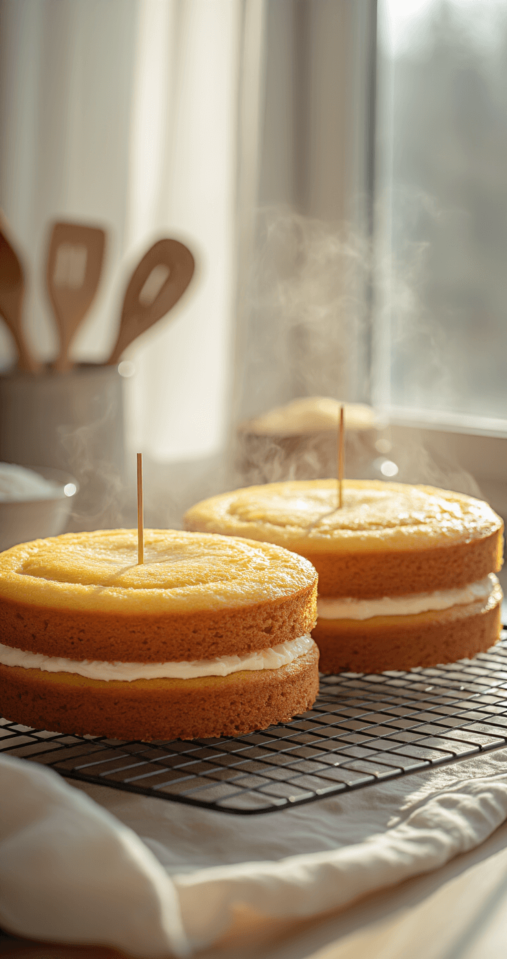 Close-up of two golden vegan lemon coconut cake layers on a wire rack, with steam rising and a clean toothpick inserted, set against a softly blurred kitchen background.
