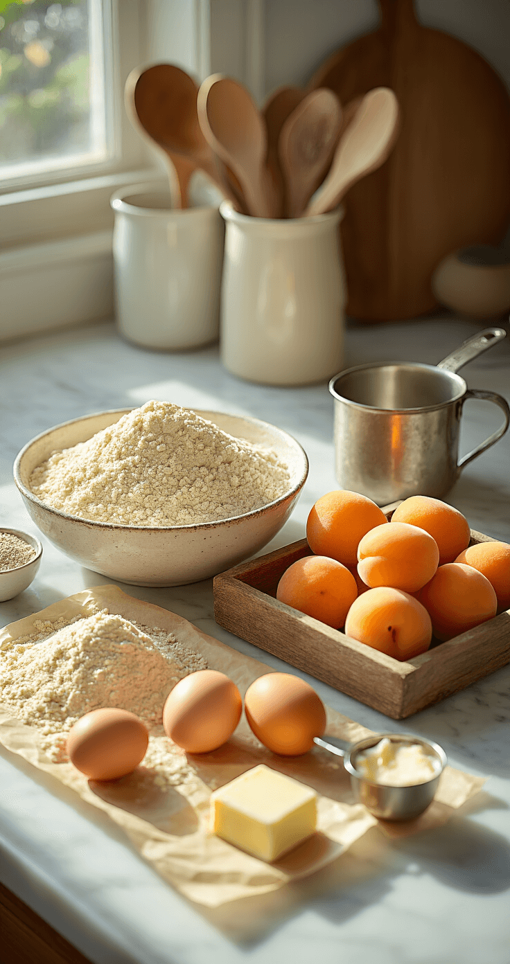 A sunlit kitchen counter showcasing gluten-free baking ingredients: almond flour, fresh apricots, farm-fresh eggs, creamy butter, and vintage measuring cups on a marble surface.