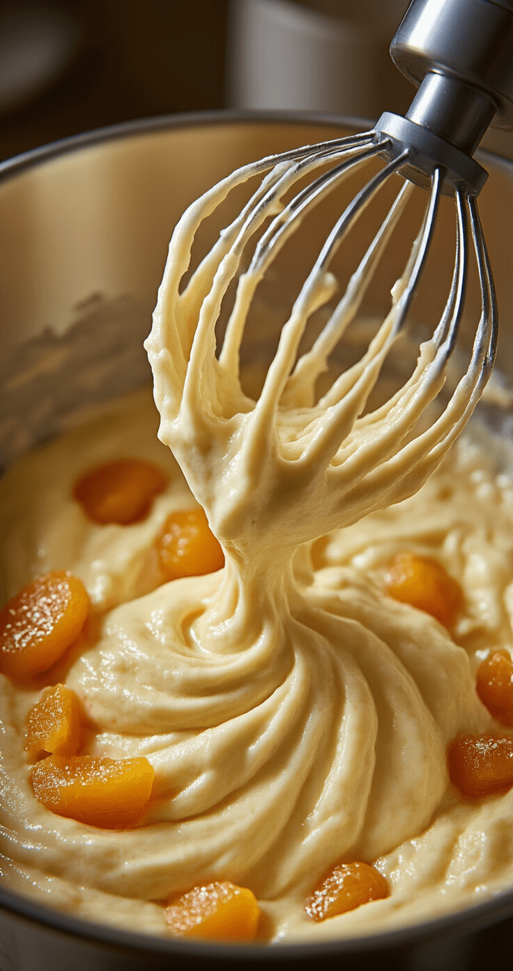 Close-up of an electric mixer blending fluffy cake batter in a shiny stainless steel bowl, with golden almond-infused mixture and diced apricot pieces mixed throughout, illuminated by soft kitchen lighting.