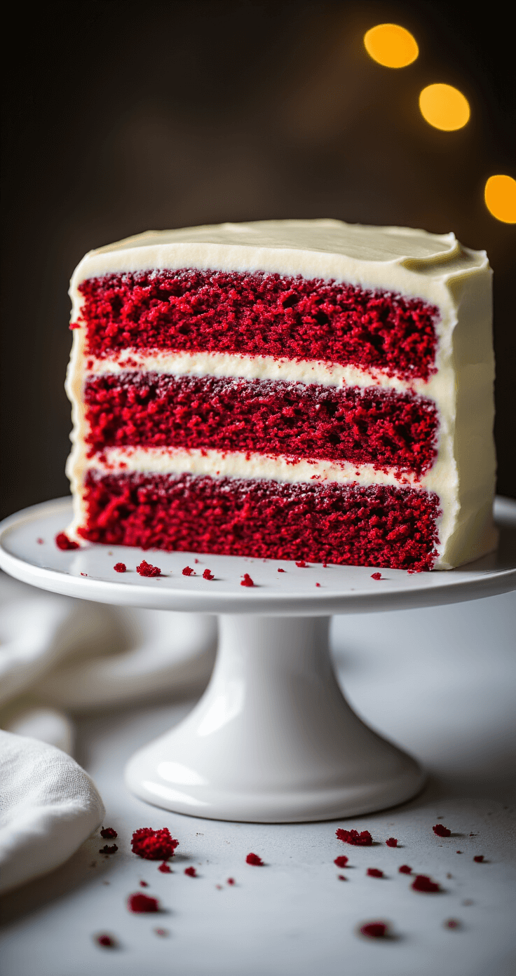 Close-up of a frosted two-layer vegan red velvet cake on a white pedestal, featuring smooth ivory cream cheese frosting and deep crimson layers, with delicate crumbs around the base and a soft bokeh background.
