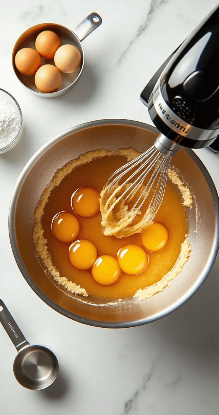 Cinematic overhead shot of a stainless steel mixing bowl with golden eggs being whisked into granulated and brown sugars, creating an amber-colored batter, with warm kitchen lighting and gentle steam rising, surrounded by measuring cups and an electric mixer on a marble countertop.