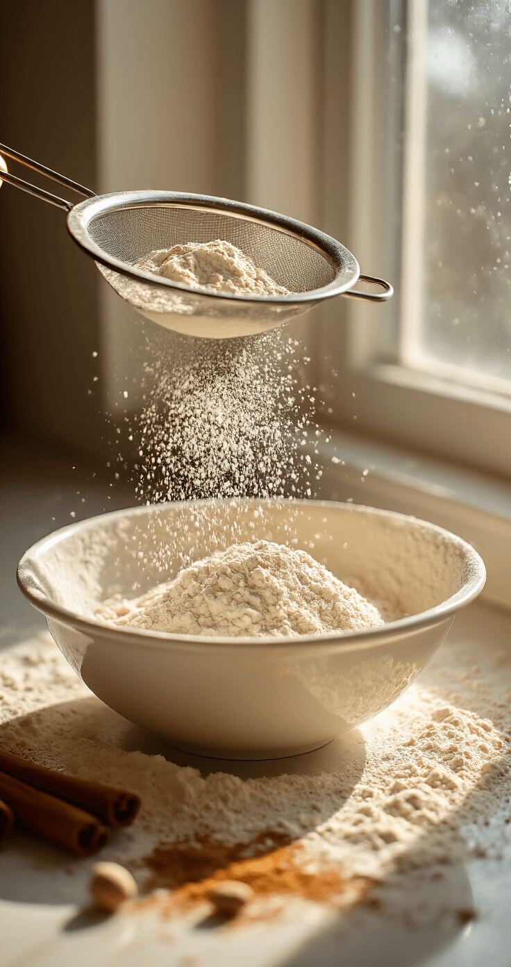Atmospheric close-up of a fine-mesh sieve pouring gluten-free flour into a white mixing bowl, surrounded by scattered spices in warm earthy tones, illuminated by golden afternoon light.