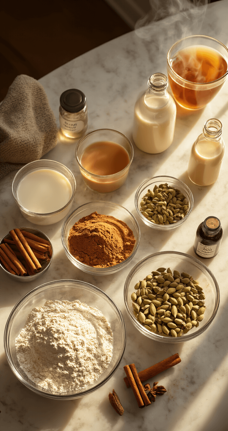 Cinematic overhead shot of a marble countertop with organized baking ingredients for chai spice cake, including glass bowls of spices, measuring cups of flour, and bottles of plant-based milk and vanilla extract, all illuminated by warm golden light, with steam from chai tea in the background.