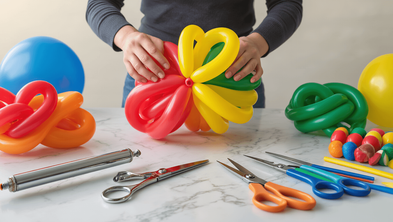 A well-lit balloon twisting workshop showcasing colorful 260Q balloons with skilled hands demonstrating techniques, surrounded by tools and finished sculptures like a dog, flower, and giraffe on a marble workspace.