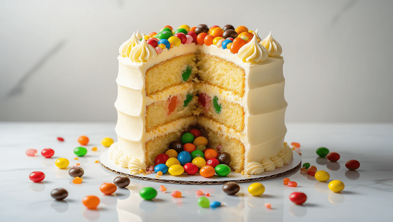 Cinematic close-up of a four-layer vanilla cake with smooth buttercream frosting, cut to reveal a hidden cavity overflowing with colorful mini candies, set on a white marble surface with soft natural lighting and a warm kitchen atmosphere.