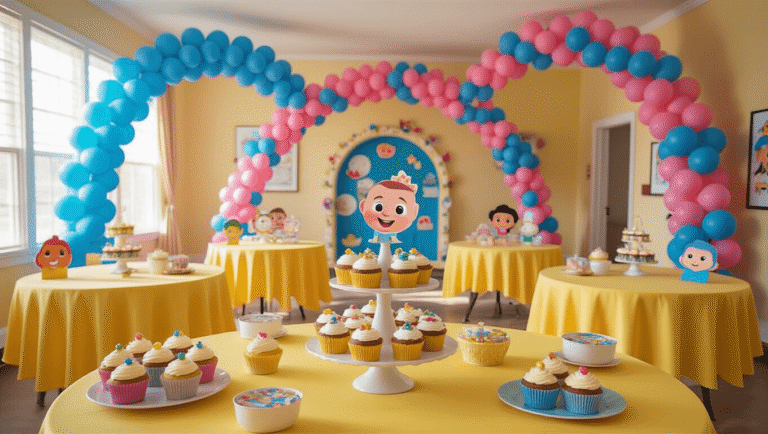 Cocomelon-themed birthday party setup in a vibrant living room, featuring yellow tablecloths, vanilla cupcakes with character toppers, colorful balloon arches, and a whimsical photo booth, bathed in warm morning light.