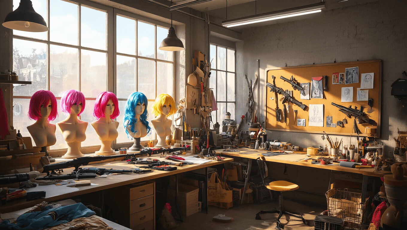 A bright cosplay workshop filled with colorful wigs on mannequin heads, prop weapons, EVA foam, sewing materials, and detailed costumes, illuminated by natural light and featuring an inspiration board with sketches in a vintage-industrial style.
