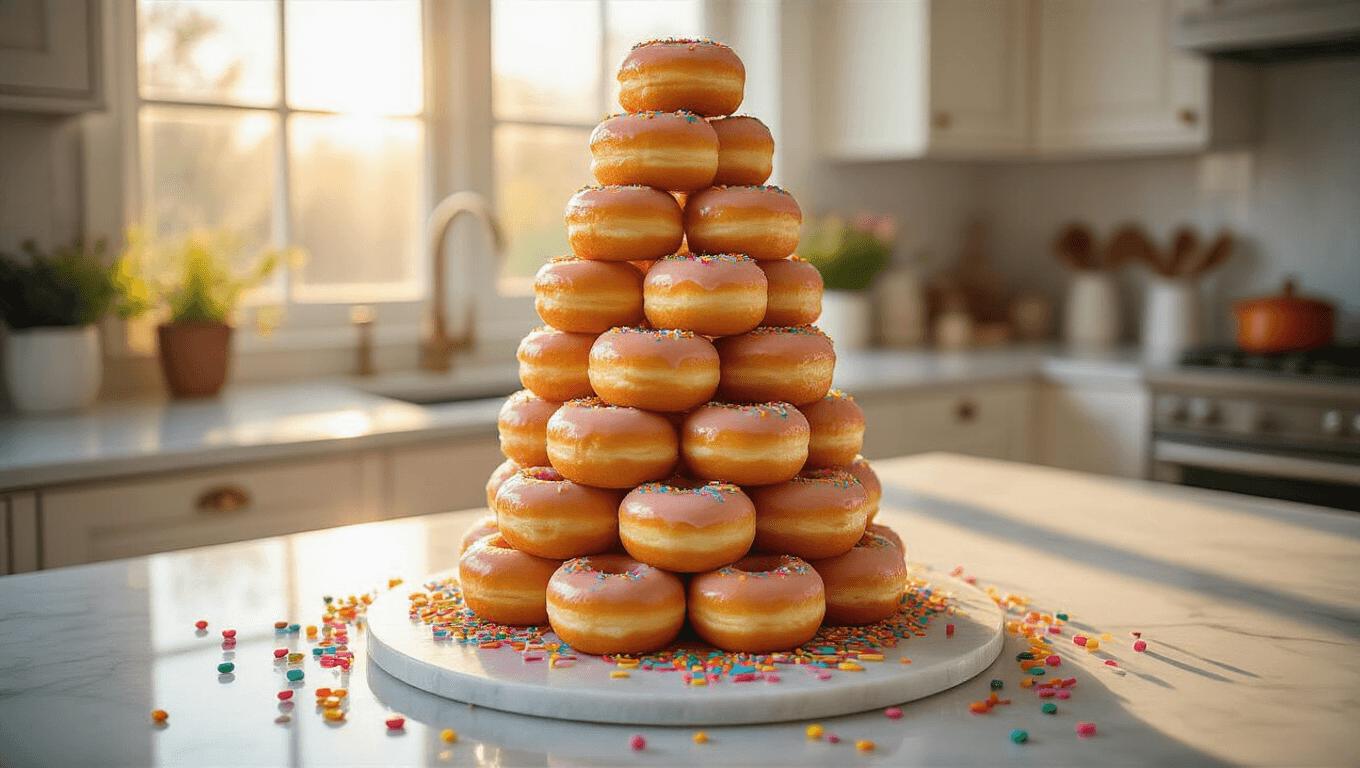 A cinematic overhead shot of an elaborate doughnut tower birthday cake on a white marble countertop, showcasing glazed mini doughnuts with colorful sprinkles, warm golden hour lighting, and a softly blurred kitchen background.