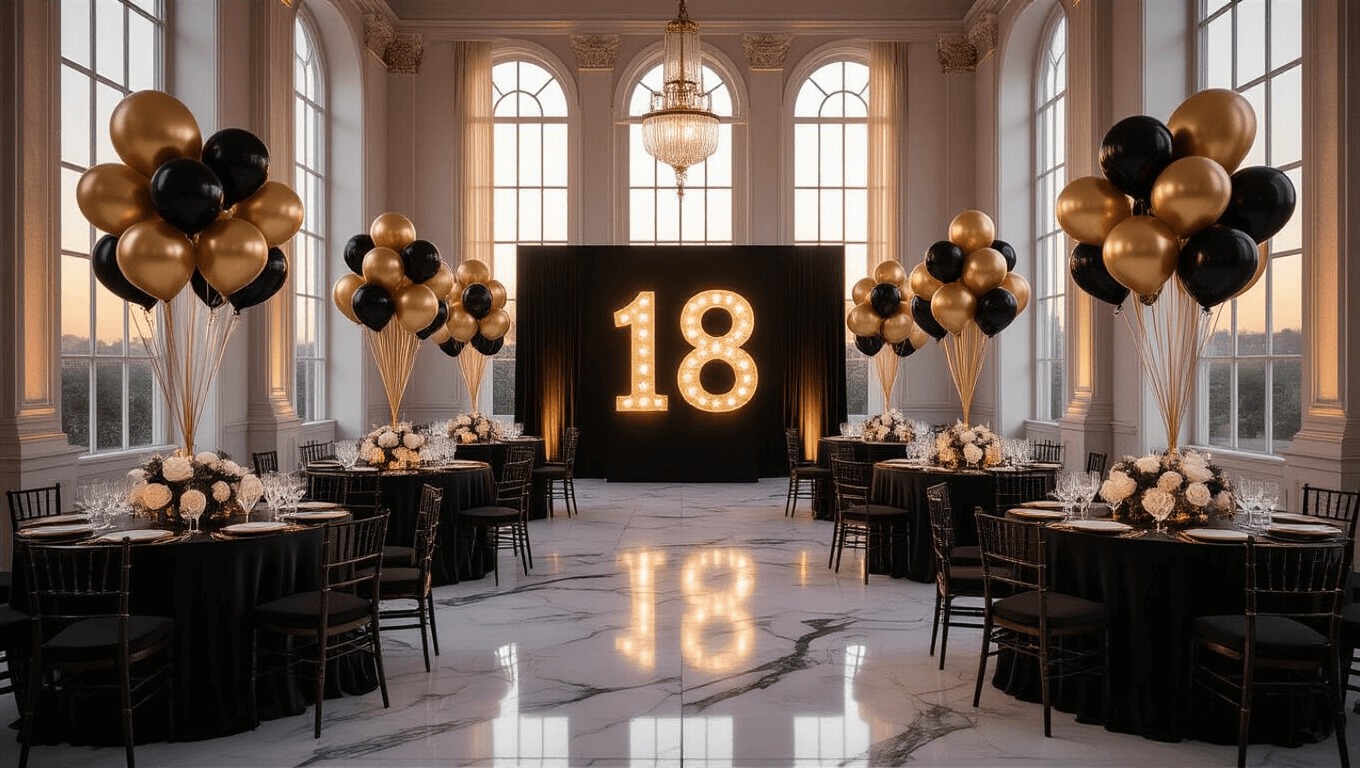 Elegant 18th birthday celebration in an opulent ballroom, featuring gold balloons, black silk linens, crystal glassware, and a custom illuminated '18' backdrop, all illuminated by warm golden hour light.