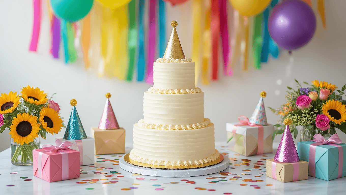 Cinematic close-up of an elegant birthday party tablescape featuring a white marble surface with rainbow streamers, jewel-toned balloons, a three-tiered cake with gold leaf, metallic confetti, textured party hats, silk-wrapped gifts, and fresh sunflowers and roses, all under soft diffused lighting.