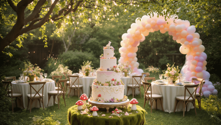 A whimsical fairy garden birthday party scene at golden hour, featuring a tiered cake, floral centerpieces, and young guests in fairy wings surrounded by twinkling lights and a pastel balloon arch.