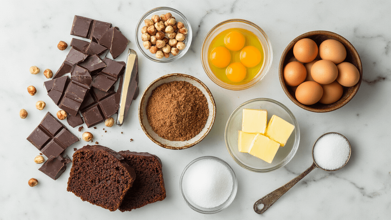 Cinematic overhead shot of a rustic marble kitchen counter with mise en place for flourless chocolate hazelnut cake, featuring dark chocolate pieces, ground hazelnuts, farm-fresh eggs, creamy butter, granulated sugar, a buttered springform pan, vanilla extract, and sea salt, all bathed in warm golden hour light with steam rising from a melting chocolate double boiler.
