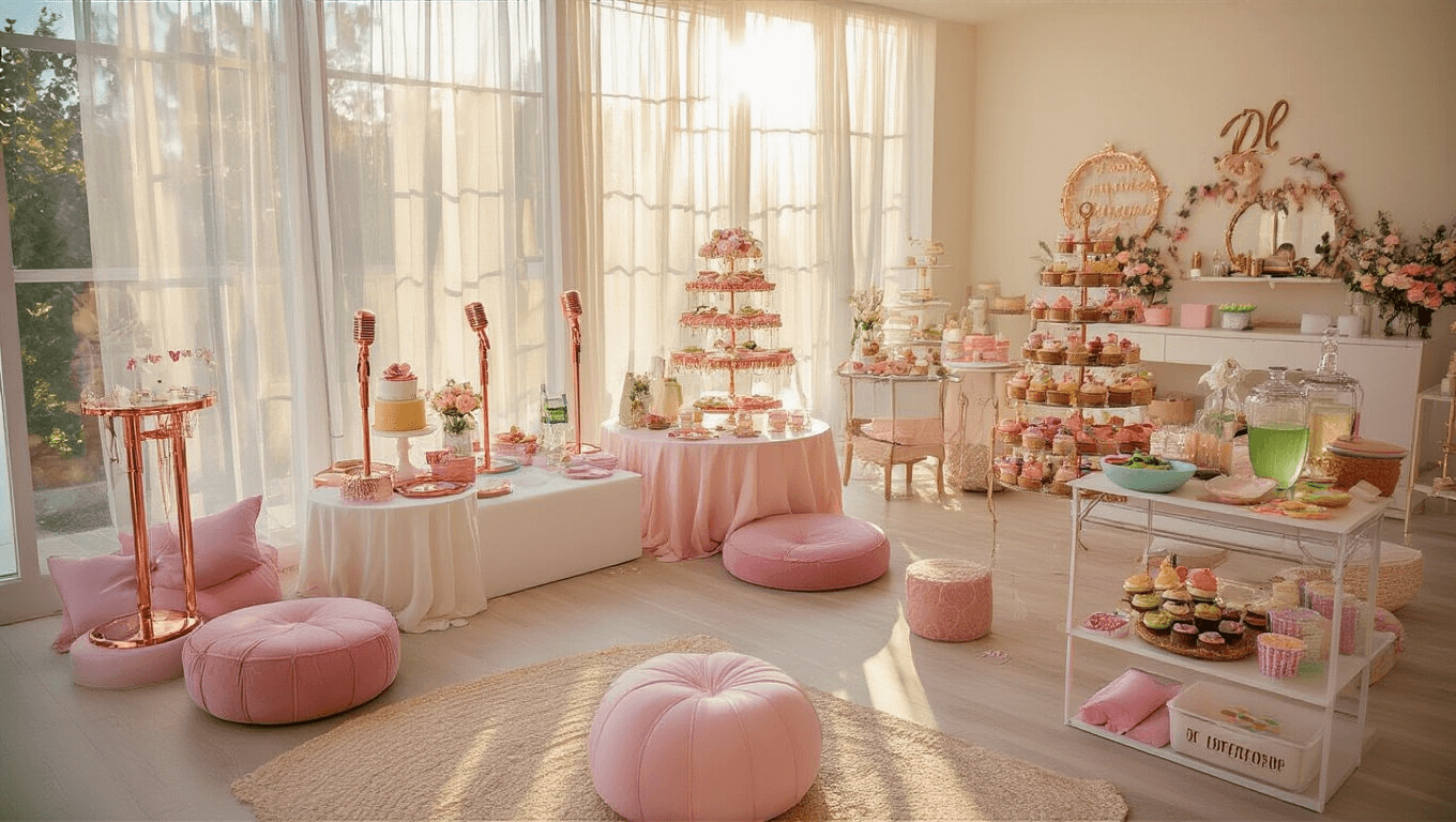 A beautifully arranged girls' birthday party setup featuring themed stations such as a Taylor Swift karaoke corner, a luxurious DIY spa area, and a rustic baking station, illuminated by golden hour sunlight.