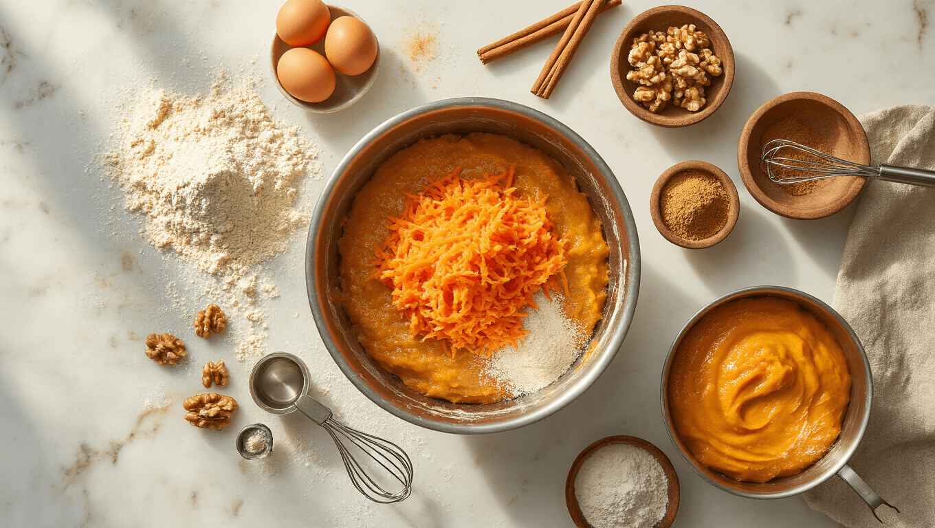 Cinematic overhead shot of a rustic marble countertop with grated orange carrots, warm amber batter in a mixing bowl, spices in wooden bowls, gluten-free flour, and walnut pieces, all illuminated by soft afternoon light, creating a cozy baking atmosphere.