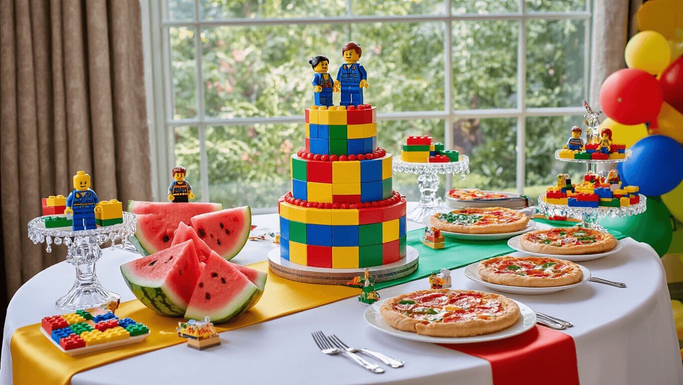 Luxurious LEGO-themed birthday party tablescape featuring a multi-tiered brick cake, geometric watermelon carvings, artisanal pizza, custom minifigure cookies, and vibrant decorations, all under warm golden hour lighting.