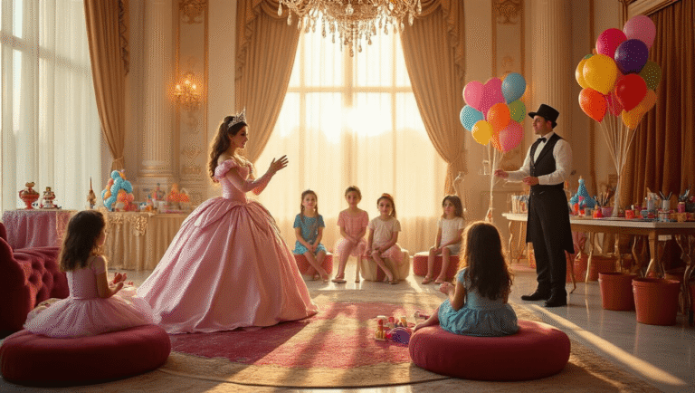 Luxurious birthday party scene with a princess performer engaging children, a magician's stage, face painting stations, and craft tables, all adorned with elegant decor, warm lighting, and joyful festivities.