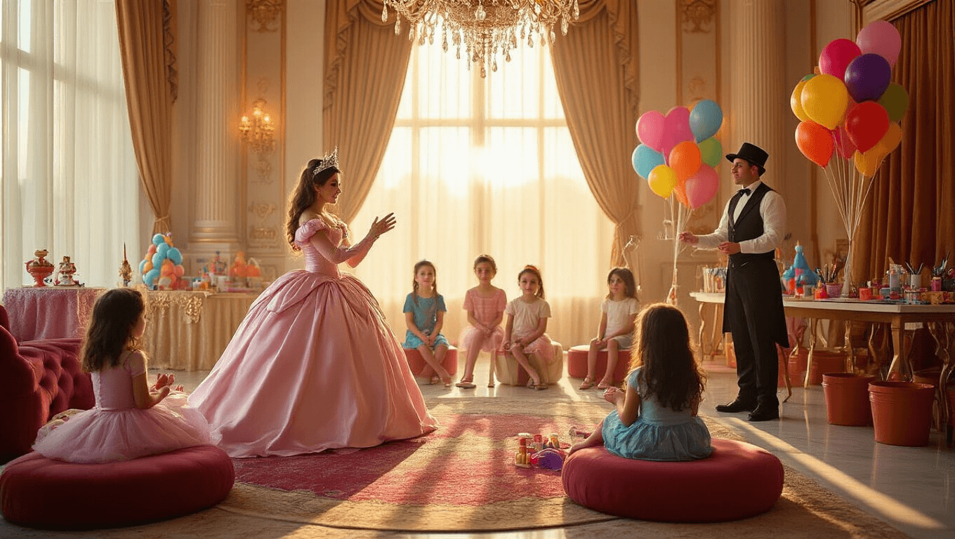 Luxurious birthday party scene with a princess performer engaging children, a magician's stage, face painting stations, and craft tables, all adorned with elegant decor, warm lighting, and joyful festivities.