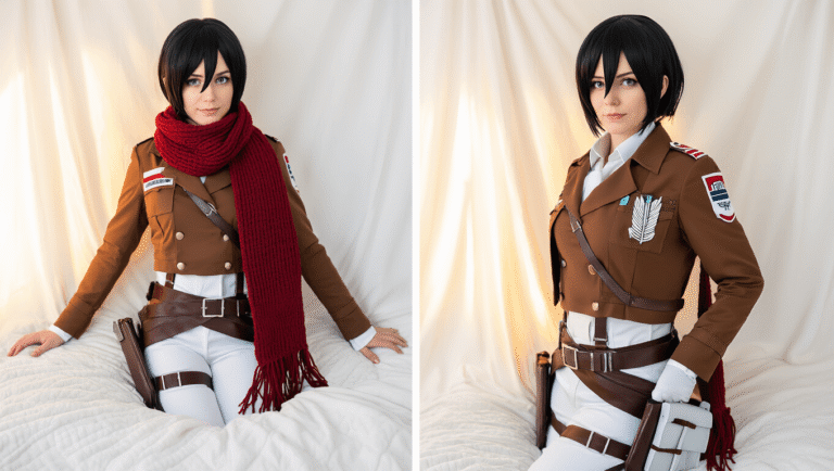 Mikasa Ackerman cosplay layout with burgundy scarf, brown military jacket, short black wig, white uniform pieces, and leather harness accessories on a clean white background, illuminated by warm golden hour lighting.