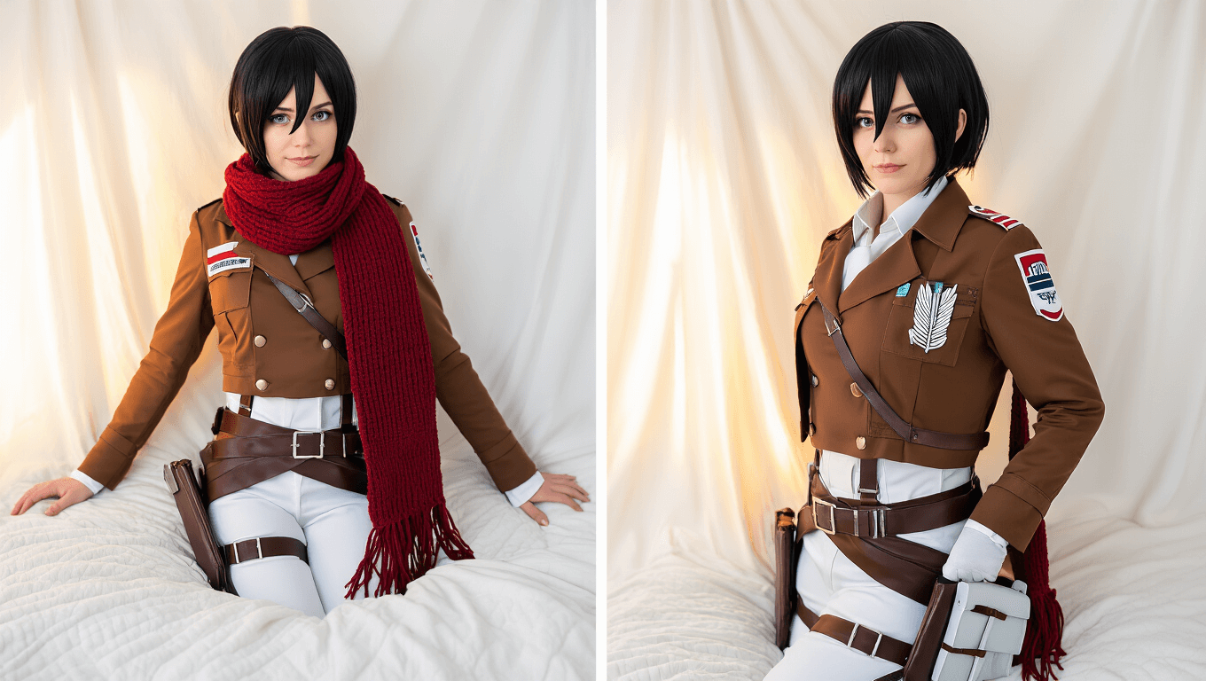 Mikasa Ackerman cosplay layout with burgundy scarf, brown military jacket, short black wig, white uniform pieces, and leather harness accessories on a clean white background, illuminated by warm golden hour lighting.