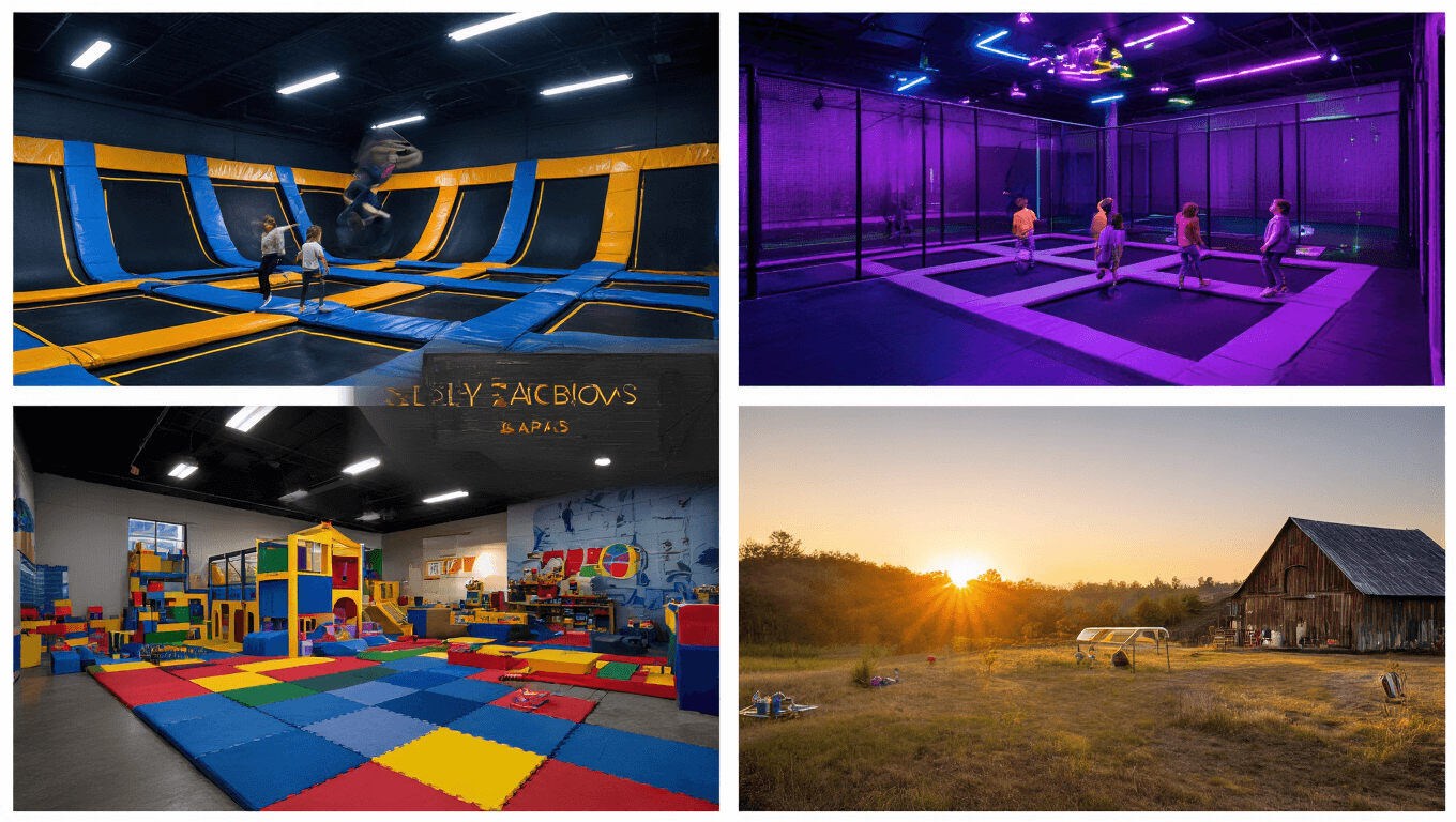 A vibrant composite image featuring five distinct birthday party venues, each showcasing excited children engaged in playful activities: Urban Air’s neon-lit trampoline park, Sky Zone’s blacklight party area, Snapology’s LEGO building station, Peek-a-Boo Factory's colorful indoor playground, and Butter & Egg Adventures' rustic outdoor setting at golden hour.